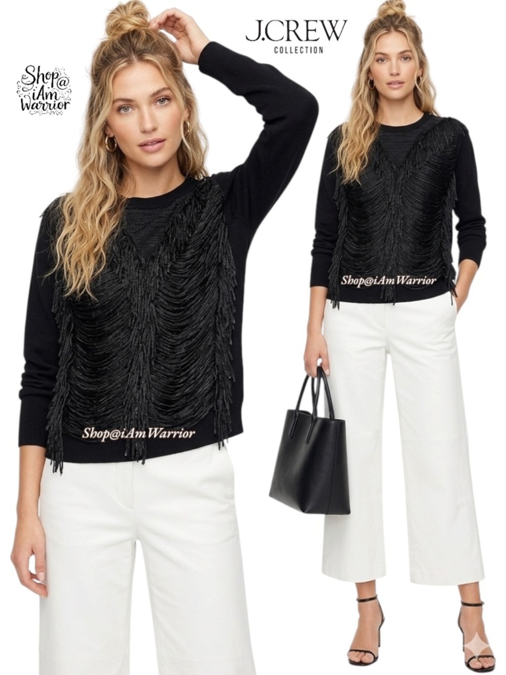 J.Crew Collection black sparkle draped fringe pullover sweater *shop@iamwarrior